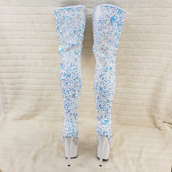 White Ice Multi Stretch Sequin Platform 7" Heels Thigh High Boots 3020 - Picture 5 of 13